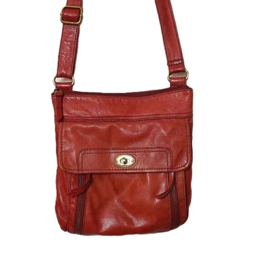 Fossil Stanton Traveler Bag Crossbody‎ Red Leather Vertical Zippers Boho Vintage